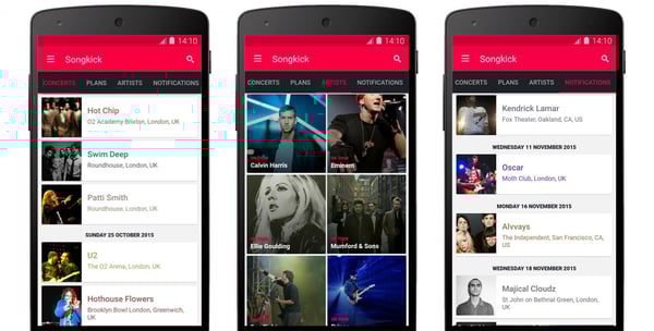 three mobile phones showing Songkick app on the screens