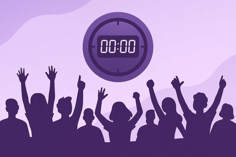 Minimalist purple illustration featuring a circular countdown timer above an enthusiastic crowd silhouette, symbolizing 
