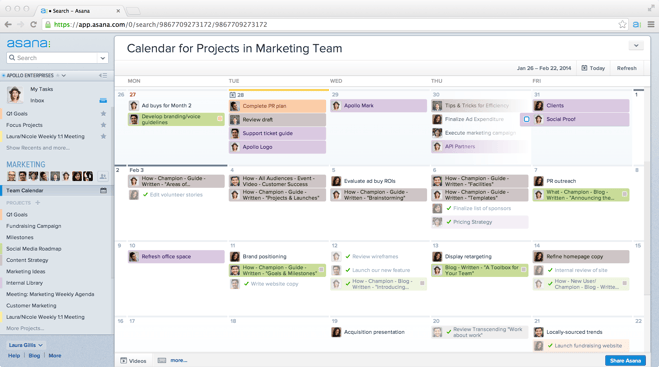 an Asana calendar for projects in marketing team
