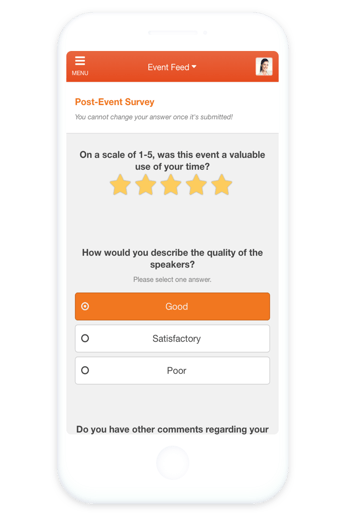 a post-event survey on the screen of a cellphone