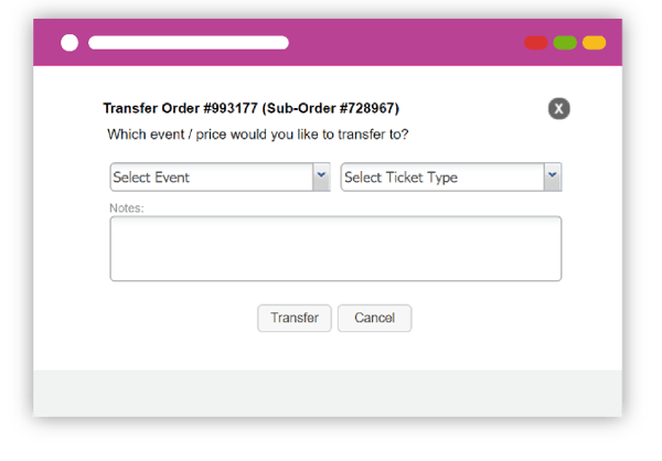 the system shows "Transfer Order #993177 (Sub-Order #728967)" an option of transferring tickets to other event.