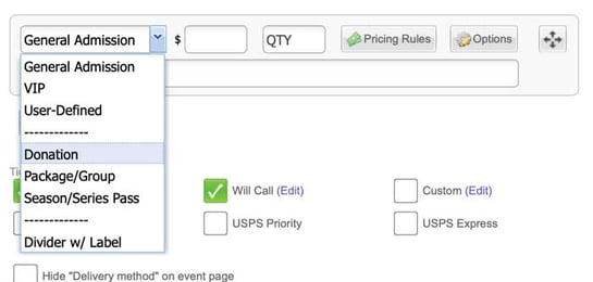 Donation is selected in the Ticket Pricing and Options section of Purplepass account
