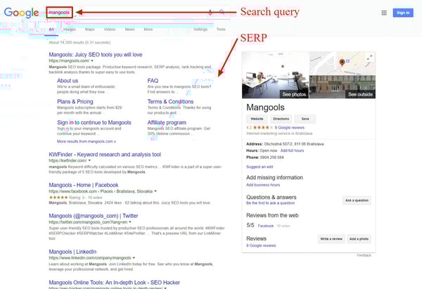 an arrow pointing to search query and SERP on Google