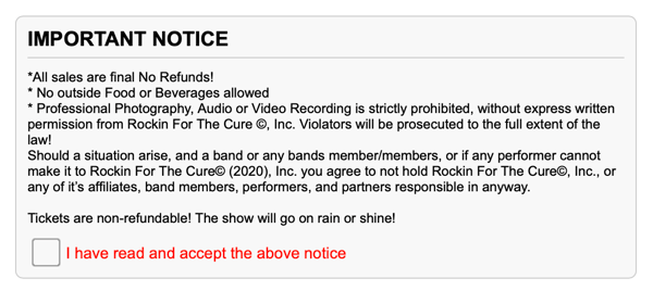 an example of important notice terms & conditions for events