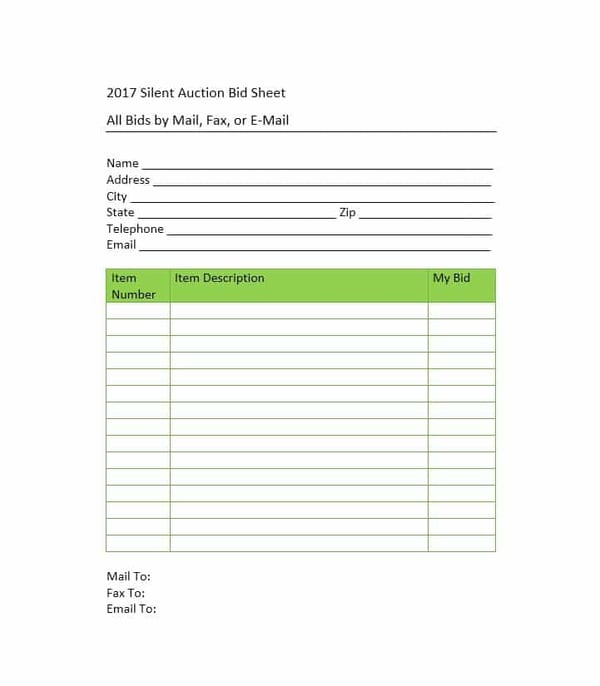 a sheet for silent auction bid