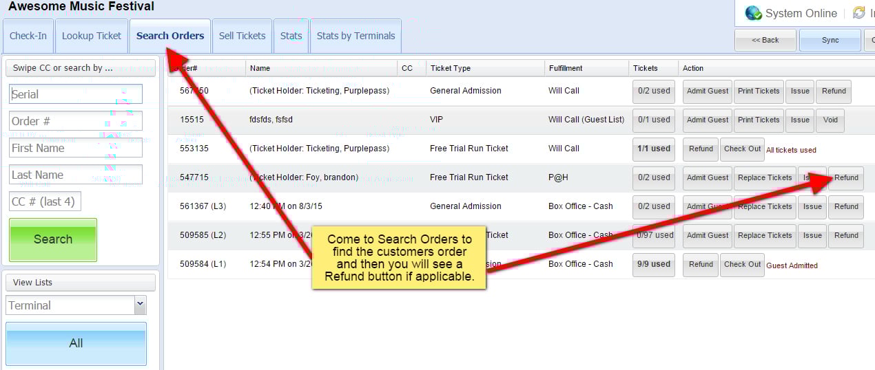 search order tab to find orders and select refund button