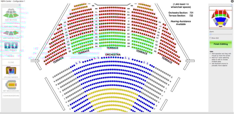 assigned seating map in different color codes to be used for the event