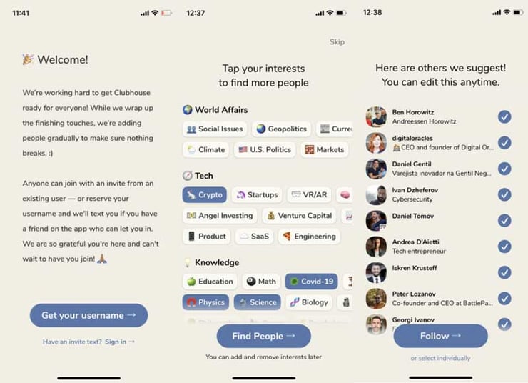 the welcome screen for Clubhouse audio app