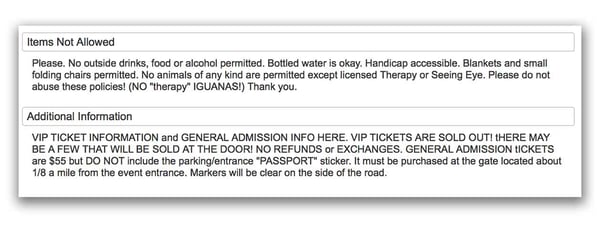 terms of the event for customers. Items Not Allowed and Additional Information