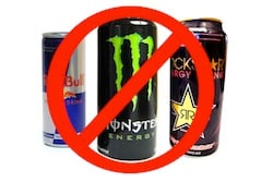 energy drinks behind a red no symbol sign