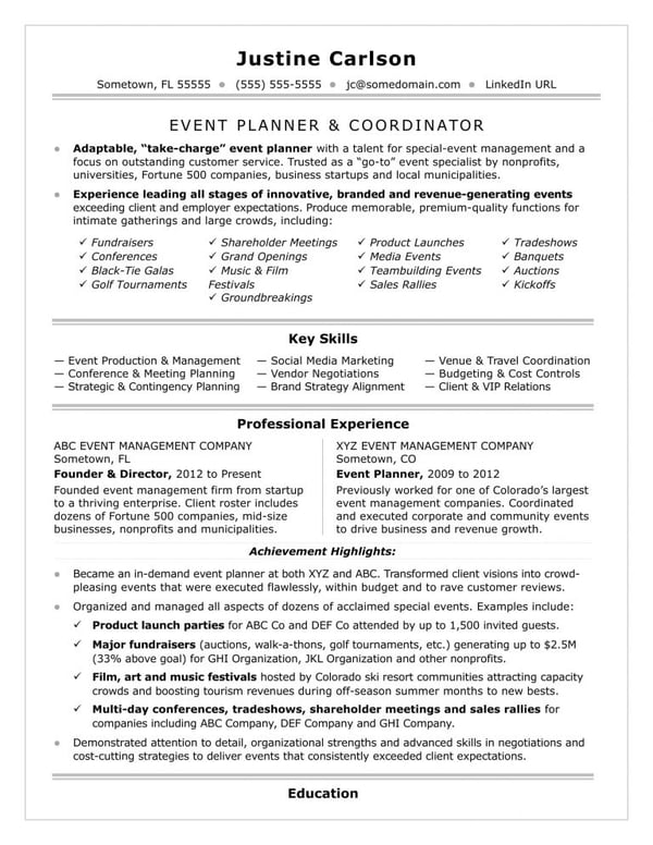 event planner resume example