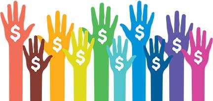 multi-colored hands raised and dollar sign on each