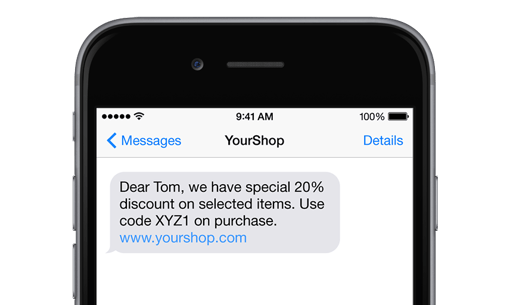 an iPhone with a text message offering 20% discount from YourShop