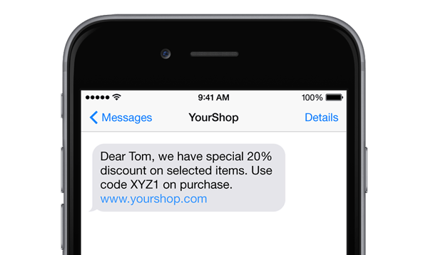 iphone device with sms message discount example from YourShop