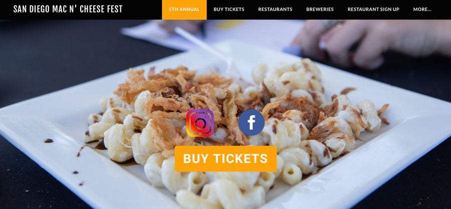 a mac and cheese background photo with Instagram and Facebook logos